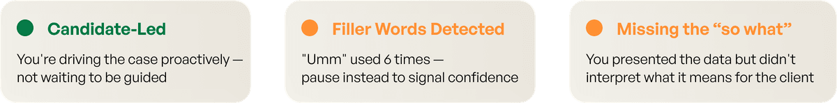 AI feedback examples: Candidate-Led, Filler Words Detected, Missing the so what